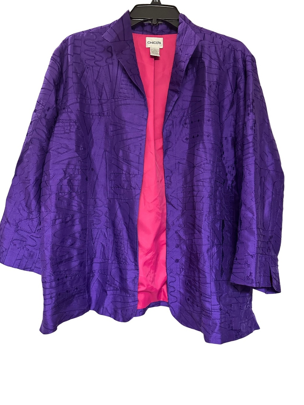 Chico's Size 3 Purple 100% Silk Embroidered Jacket Hot Pink Lining Open Front XL